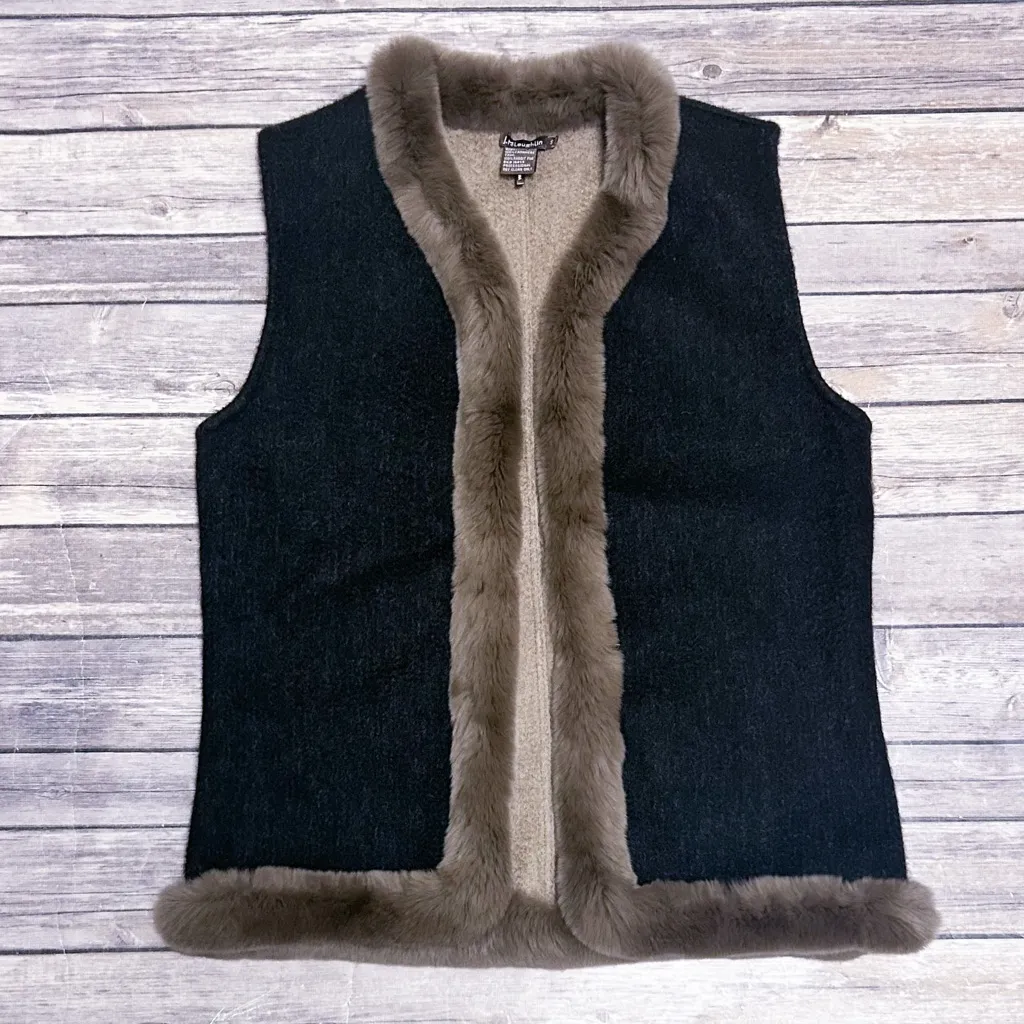 J McLaughlin Cashmere Rabbit Fur Trim Black Brown Grey Open Front Vest Small - Image 6