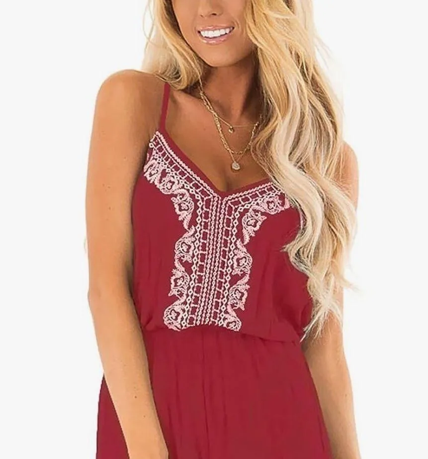 Woman’s Loose V Neck Spaghetti Strap Embroidered Short Rompers Jumpsuit Size L - Image 2