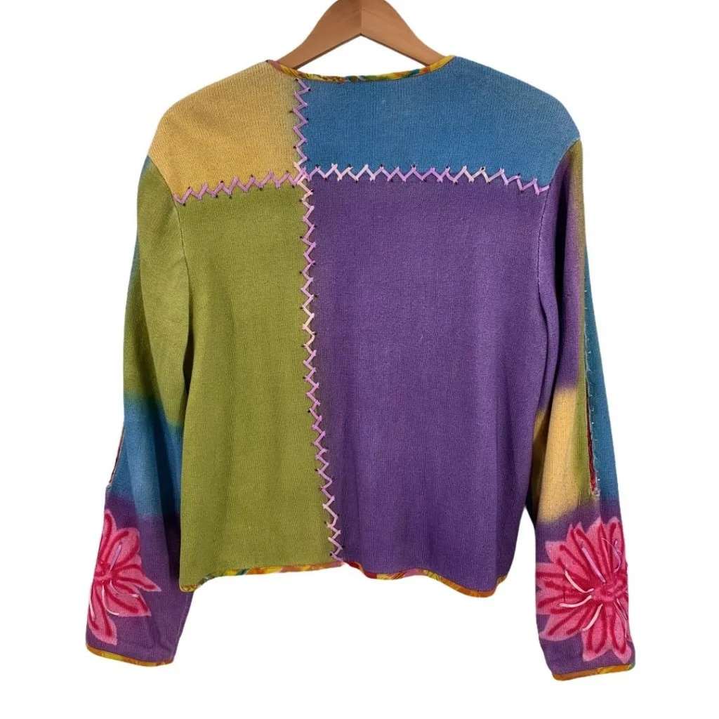 Sandy Starkman Multicolor Floral Patchwork Cotton Cardigan Sweater Size Large Pink - Image 7