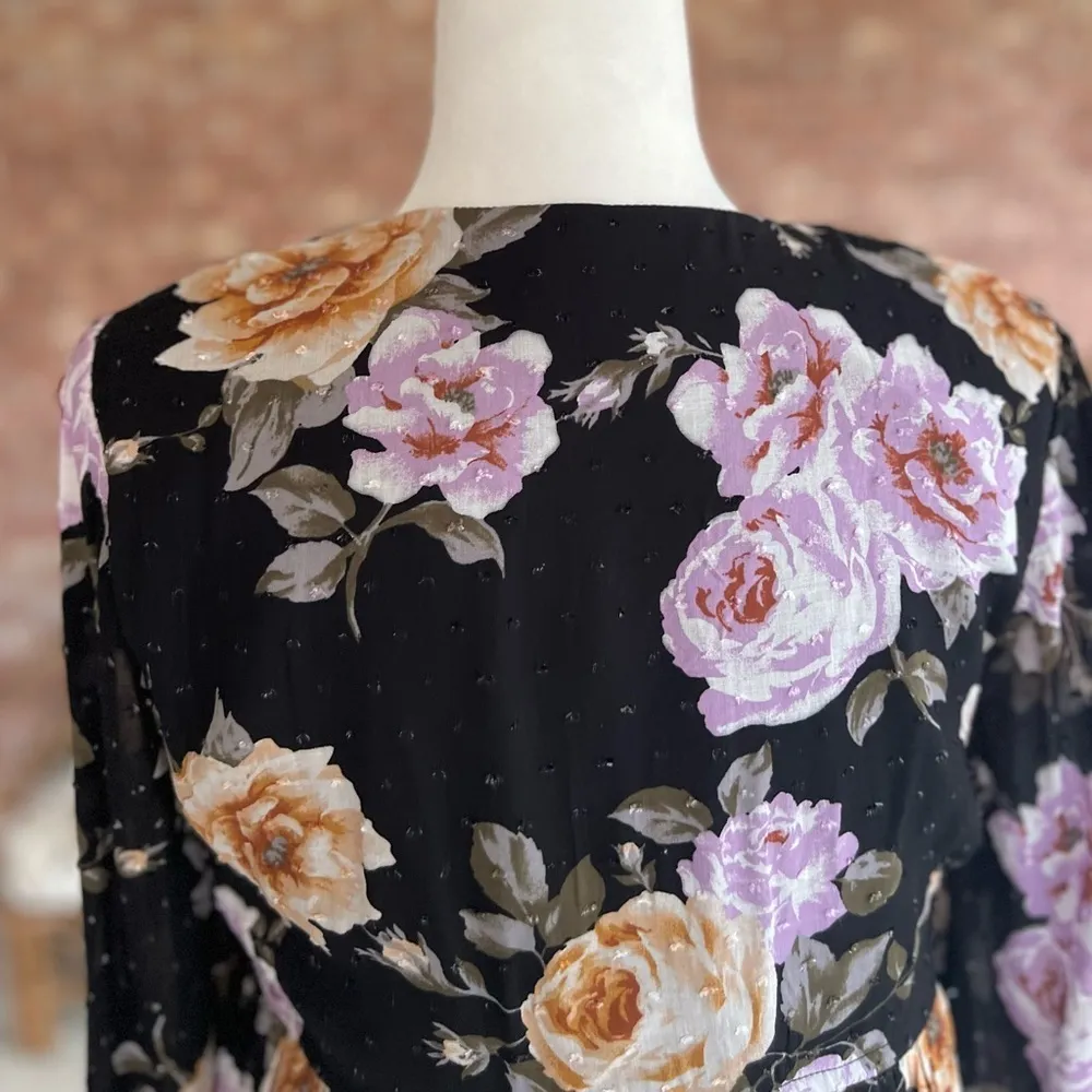 Altar’d State Dress Swiss Dot Mini Babydoll Black Floral Long Sleeve M Brunch - Image 9