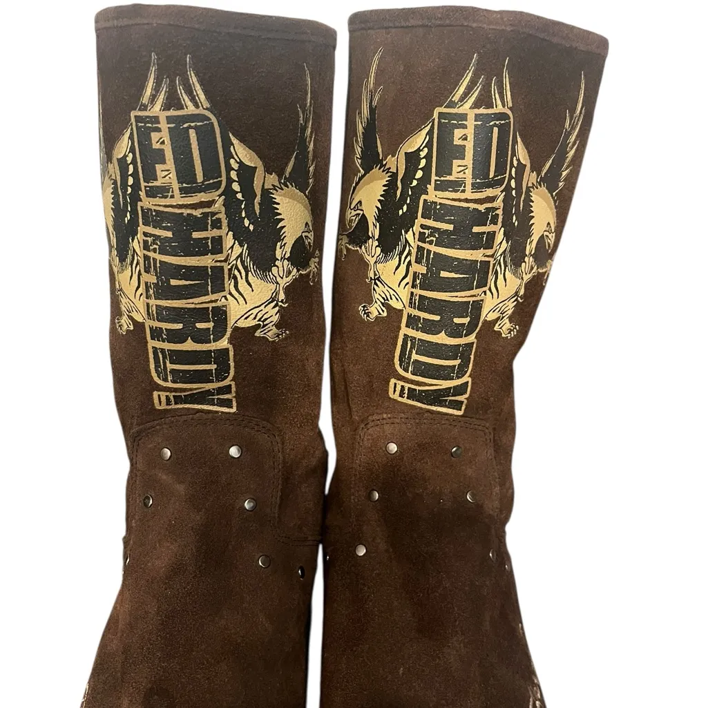 VTG Ed Hardy Montana Brown Suede Boots Y2K Eagle Studded Mid Calf  Embroidered - Image 7