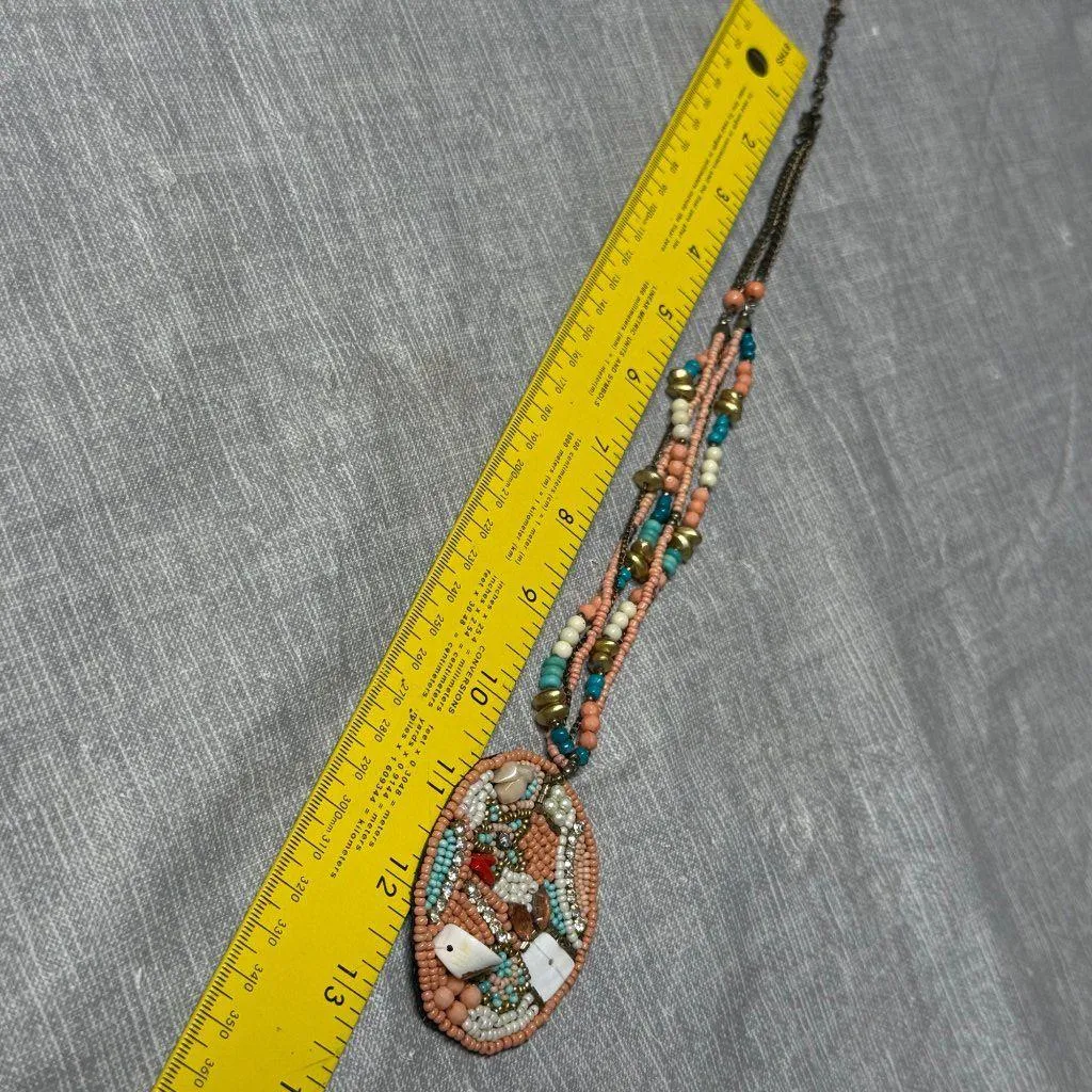 Beaded Multicolor Pendant Necklace Coral Turquoise Gold Colors Shell Accents - Image 6