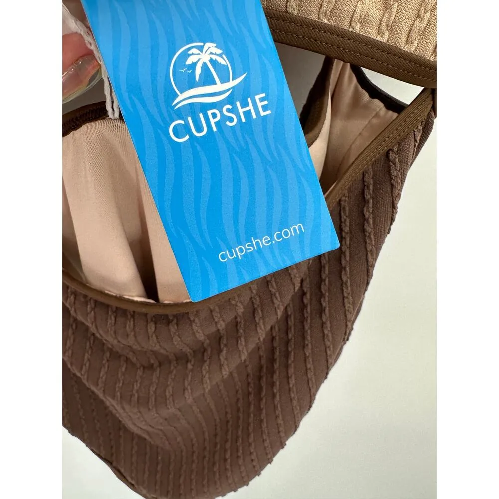 Cupshe One Piece Bathing Suit Open Front Brown Textured Modest High Waisted NWT - Image 9