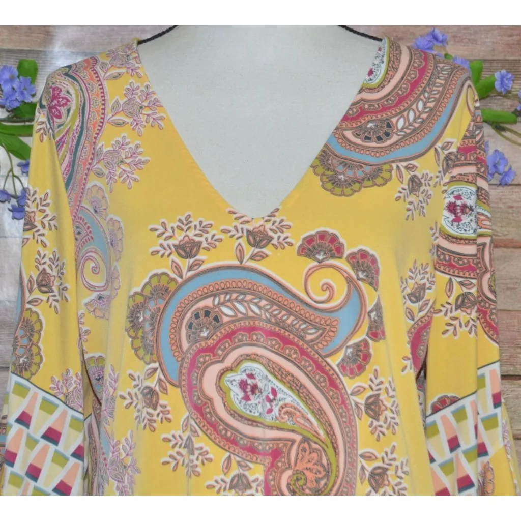 Melissa Paige Ladies XL Butter Yellow 3/4 Sleeve V-Neck Tunic Blouse Top Hippie - Image 2