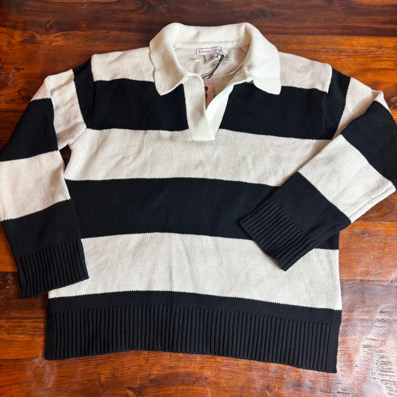 Sincerely Jules Black Cream Striped Collared Knit Sweater Size Small - Image 1