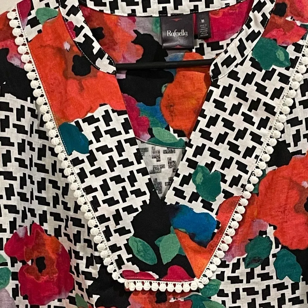 Rafaella Linen Watercolor Floral Geometric Roll Sleeve Asymmetric Lagenlook Top - Image 2