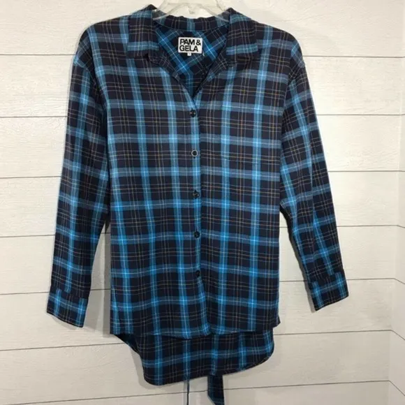 PAM & GELA Blue and Black Plaid Long Sleeve Shirt Size Small NWT - Image 22
