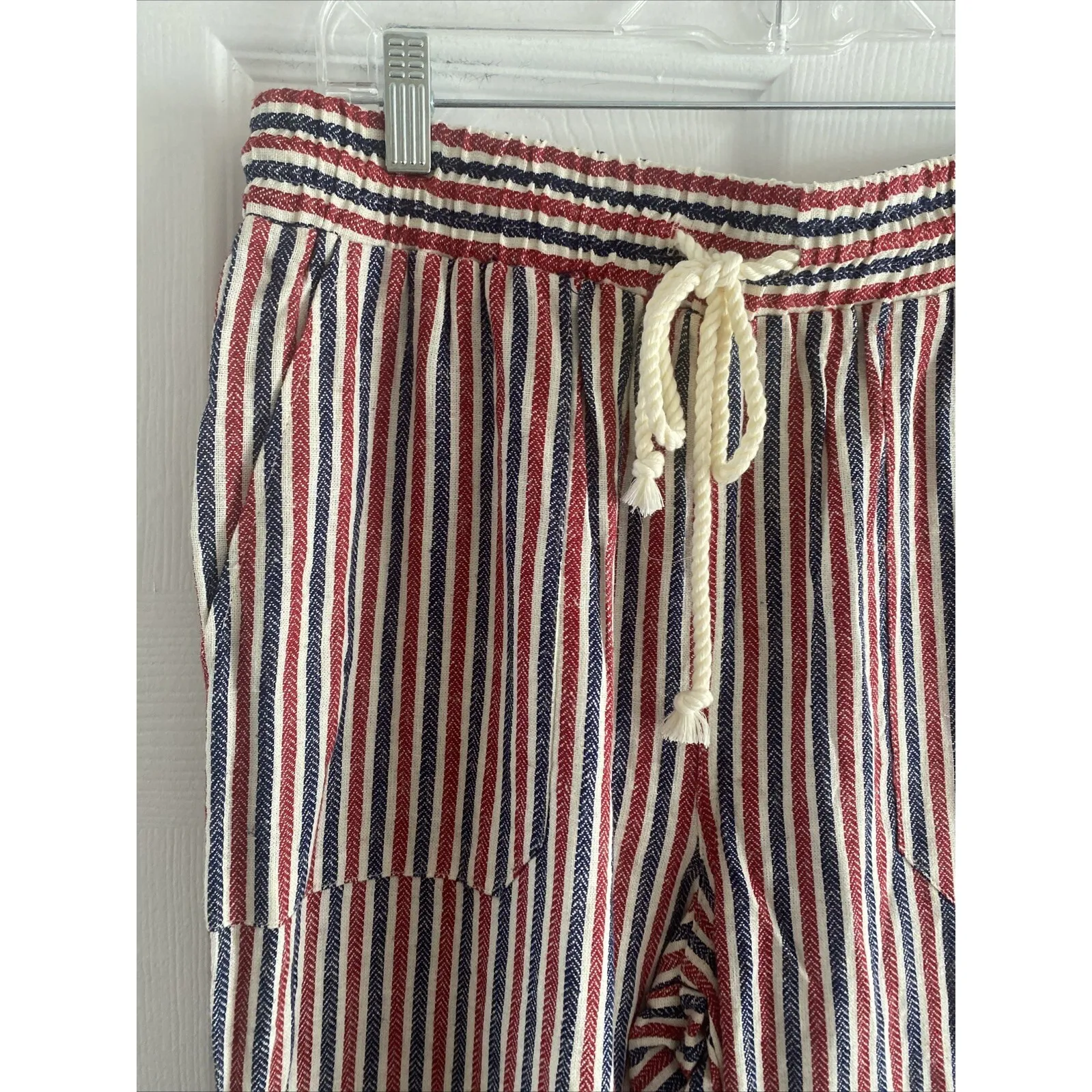 Indigo Rein Women's Large Linen Blend Navy Red Striped Wide Leg Pull On Pants - Image 2