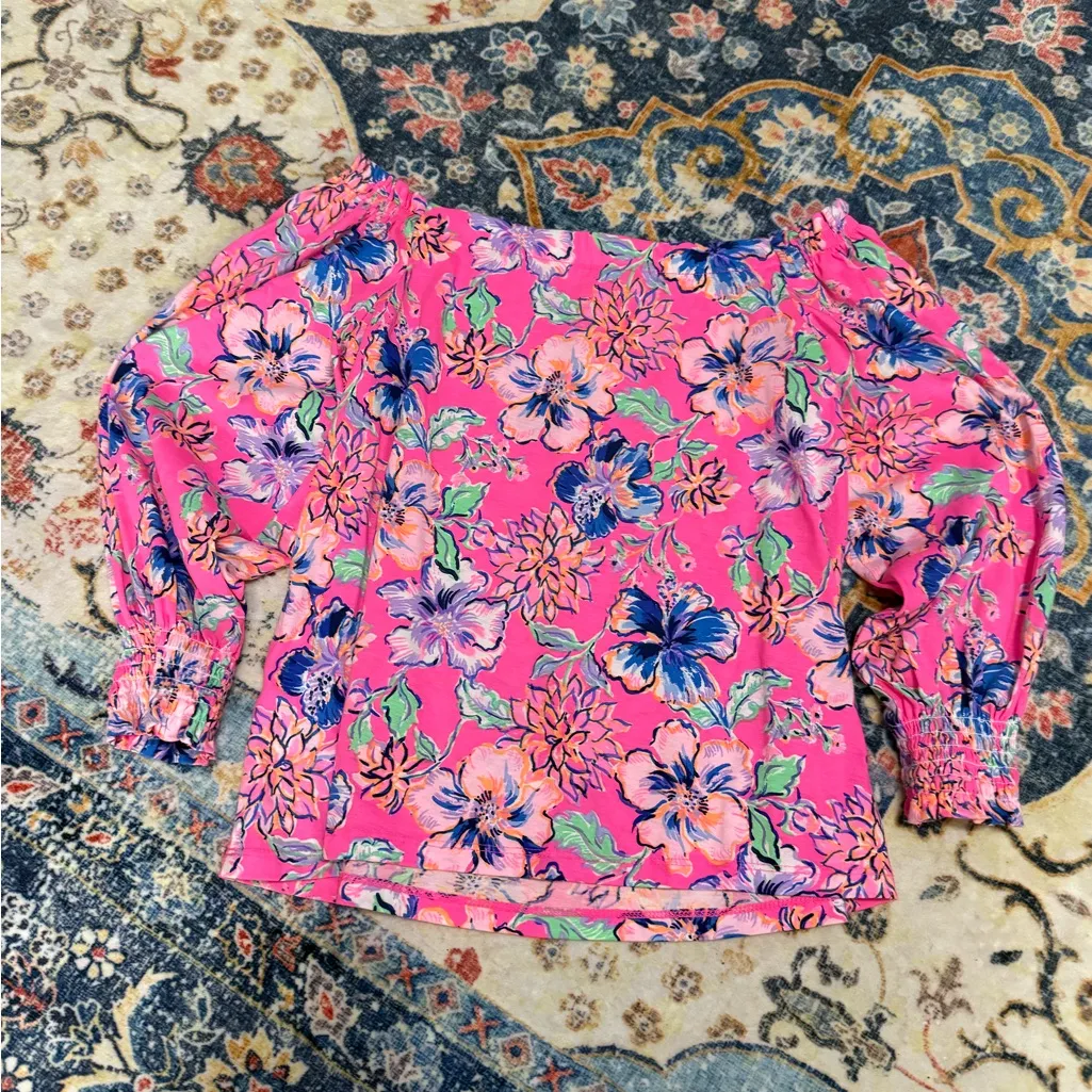 Lilly Pulitzer Lessa Off-the-shoulder Vibrant Pink Floral top Blouse size XS - Image 3