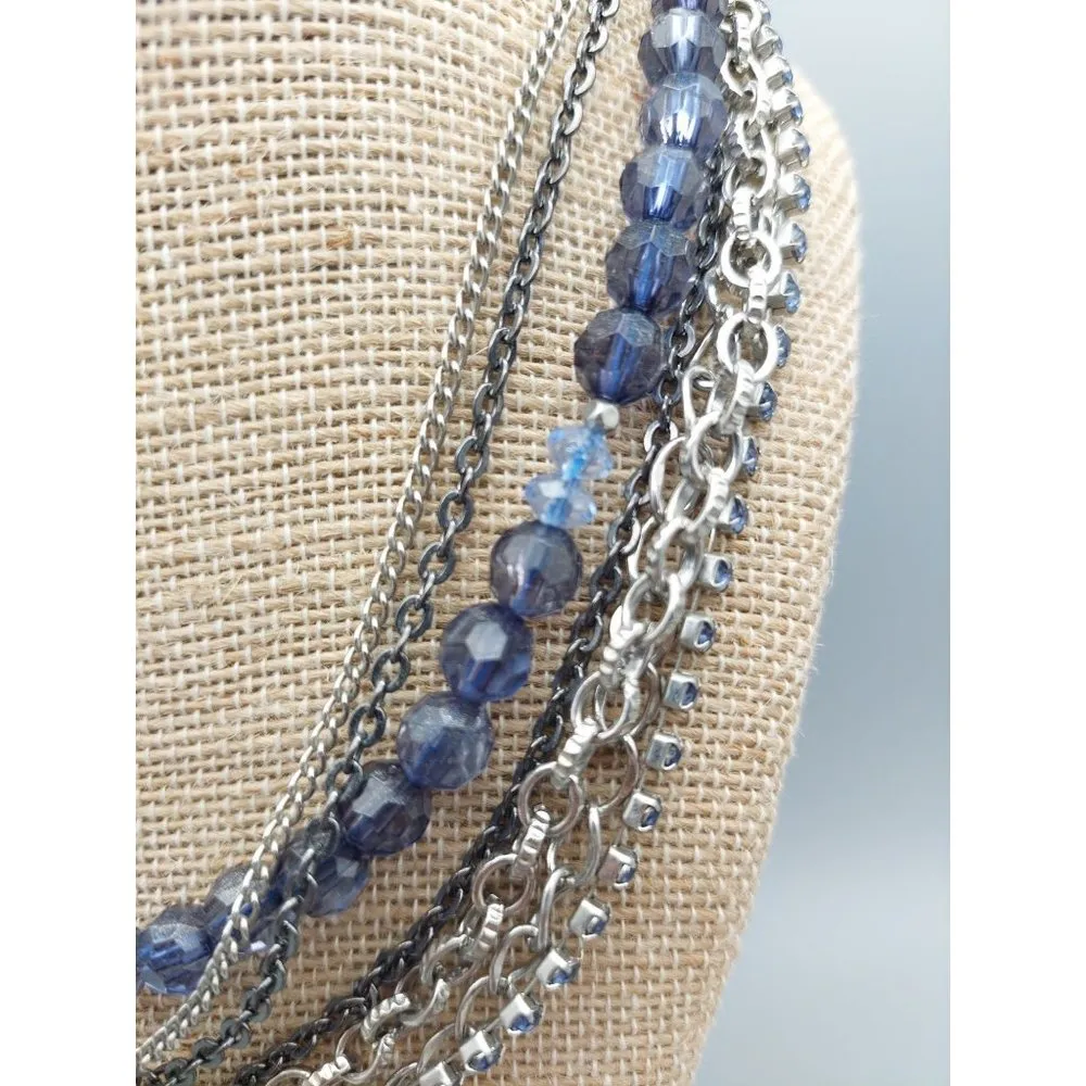 Multi Strand Silver Tone Chain Necklace Blue Bead Rhinestone Cup Rolo Gun Metal - Image 2