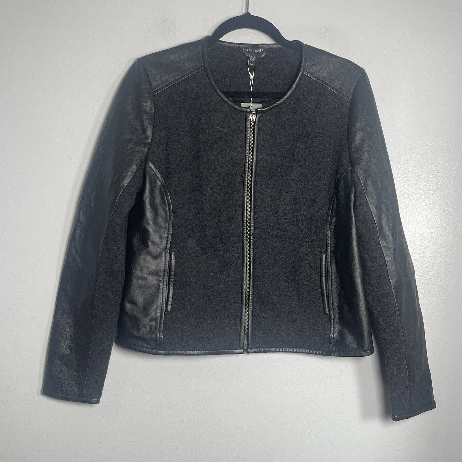 EILEEN FISHER Felted Merino Doubleknit Leather Trim Coat Small Black Gray NEW - Image 2