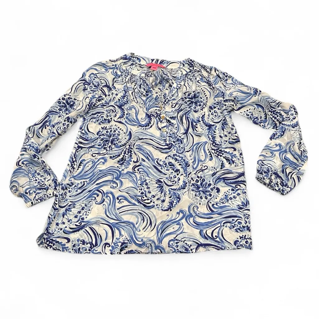 Lilly Pulitzer Elsa blue resort white long sleeve DONT BE JELLY top XS - Image 2