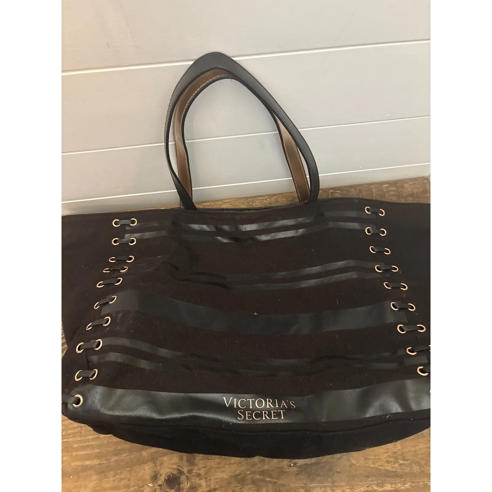 Victoria's Secret Black Striped Canvas Tote Bag Lace Up Gold Grommets Large - Image 5