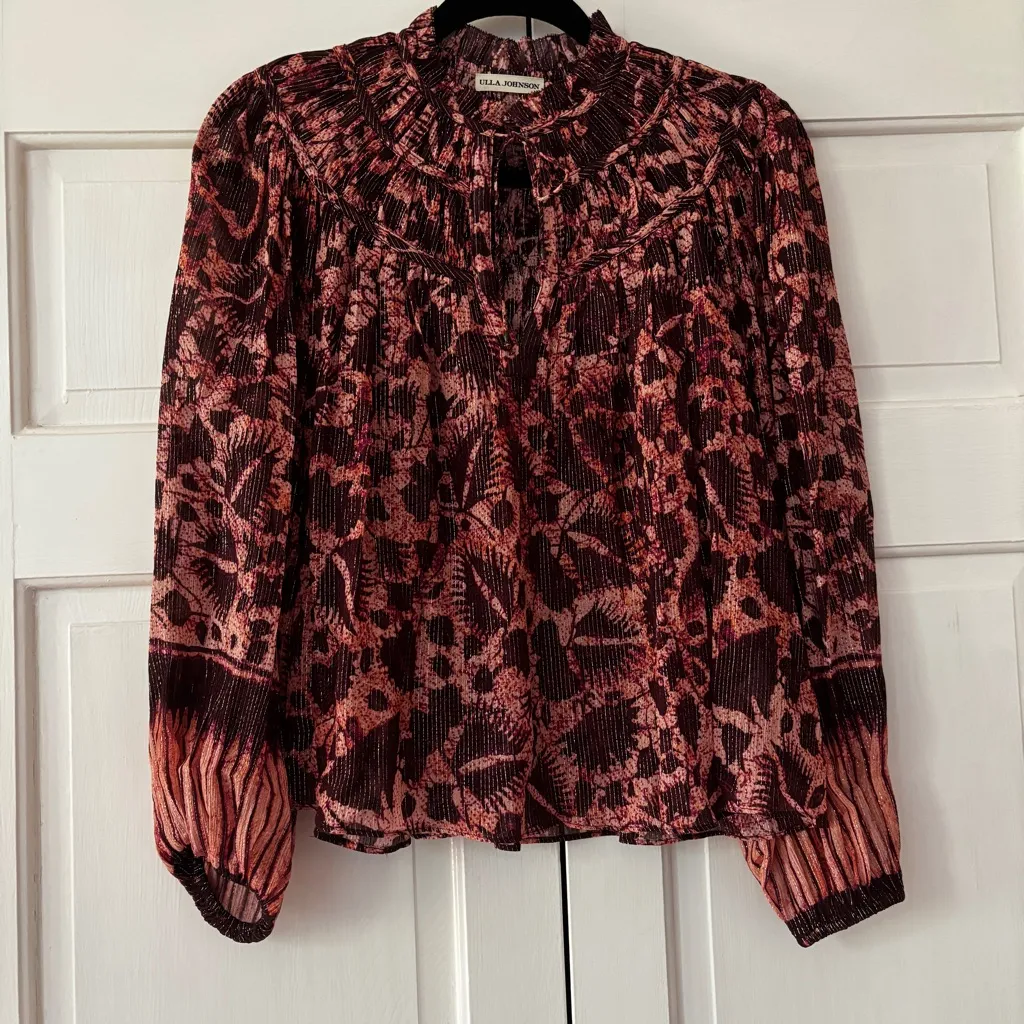 Ulla Johnson Bordeaux Yulia Printed Metallic Blouse Top Size 2 Fall Autumn - Image 5