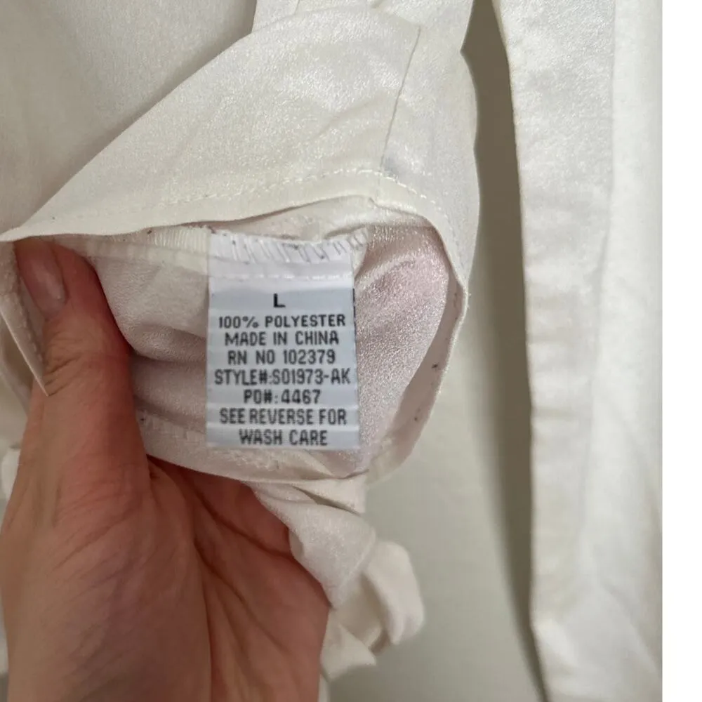 Vintage 90’s L White Button Down Satin Effect Tie Front Long Sleeve Shirt - Image 6