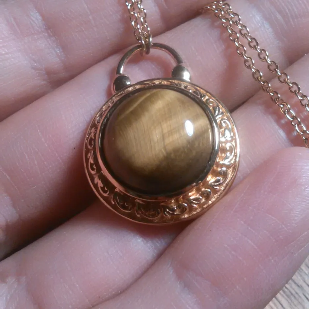 Tiger's Eye 14K Gold over Copper Pendant Gold Plated Stainless Steel Necklace - Image 10