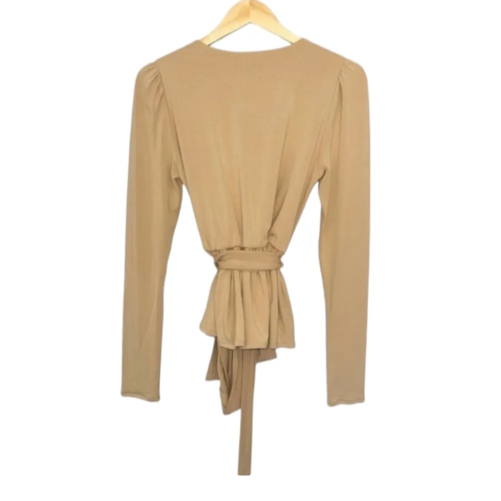 Rebecca Taylor Top Women's Medium Tan V-Neck Long Sleeve Belted Blouse Shirt - Image 5