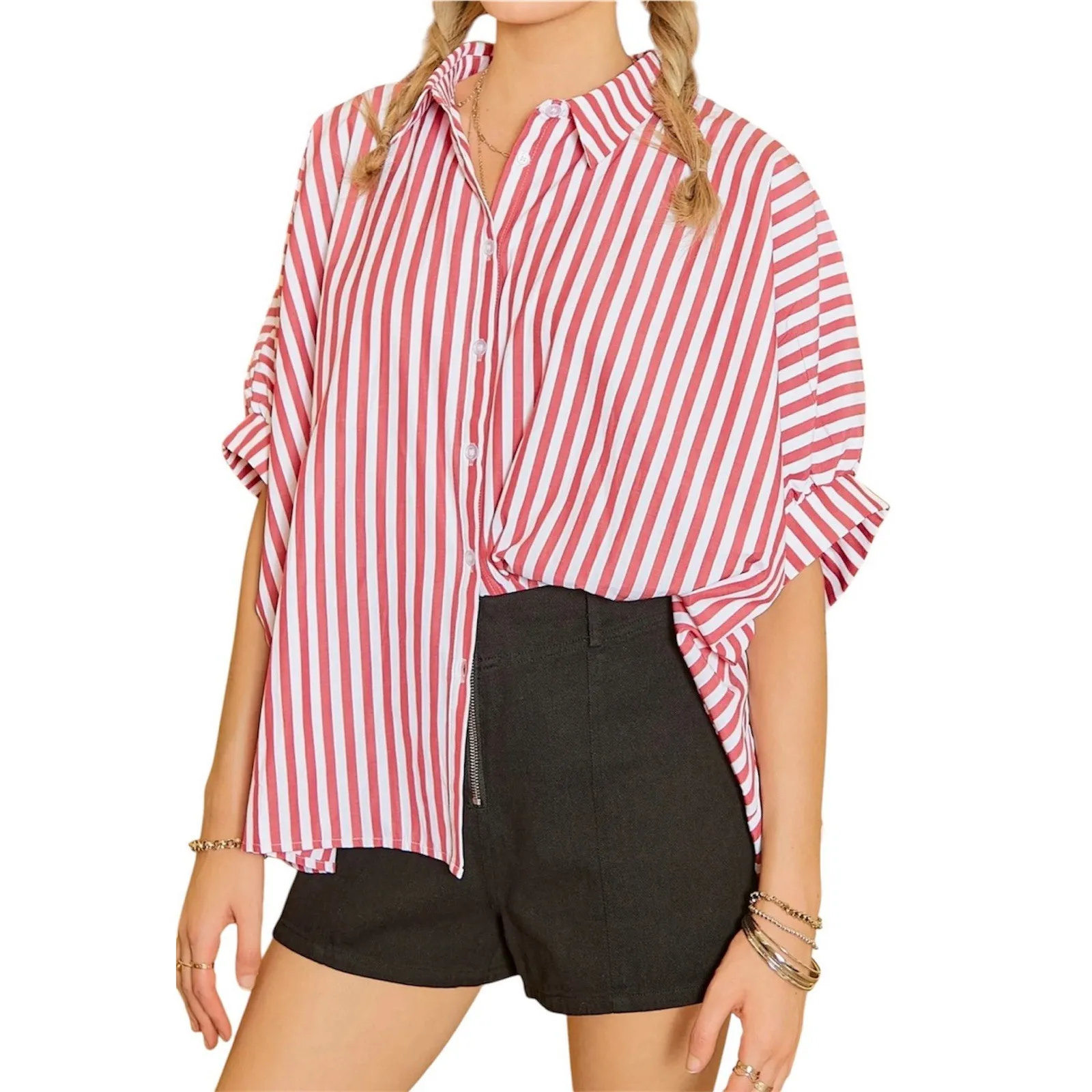 Day +‎ Moon Women's Oversized Stripe Button Down Puff Sleeve Blouse Size Small - Image 2