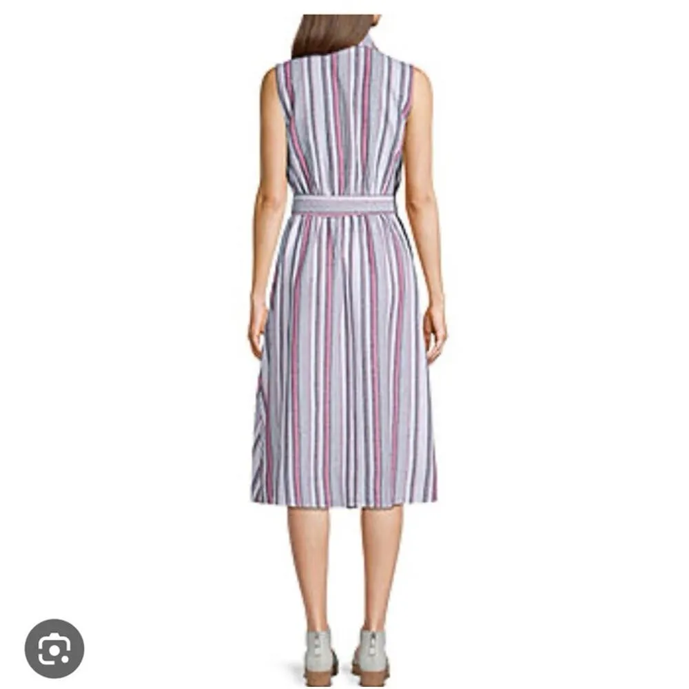 Liz Claiborne Linen stripped sleeveless shirt dress full skirt belted size 12 p - Image 3