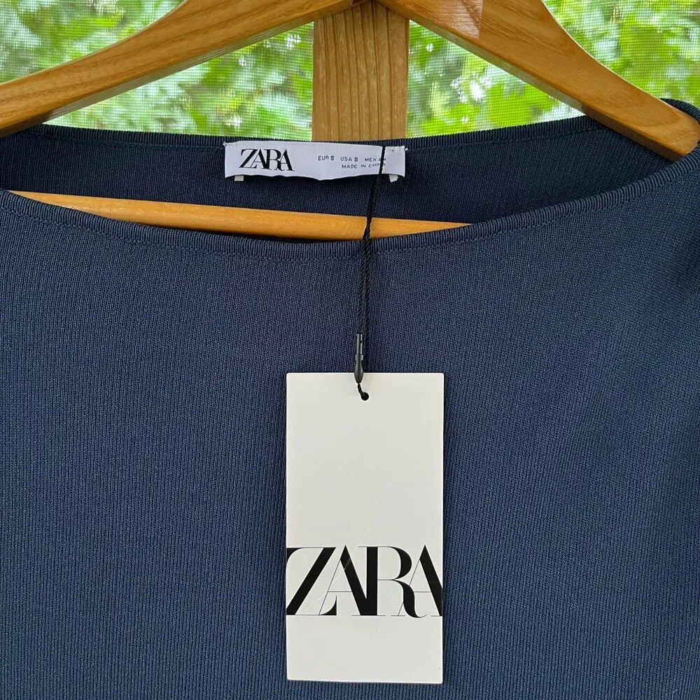 Zara Women's Plain Knit Midi Dress Duck Blue Size S. NEW - Image 5