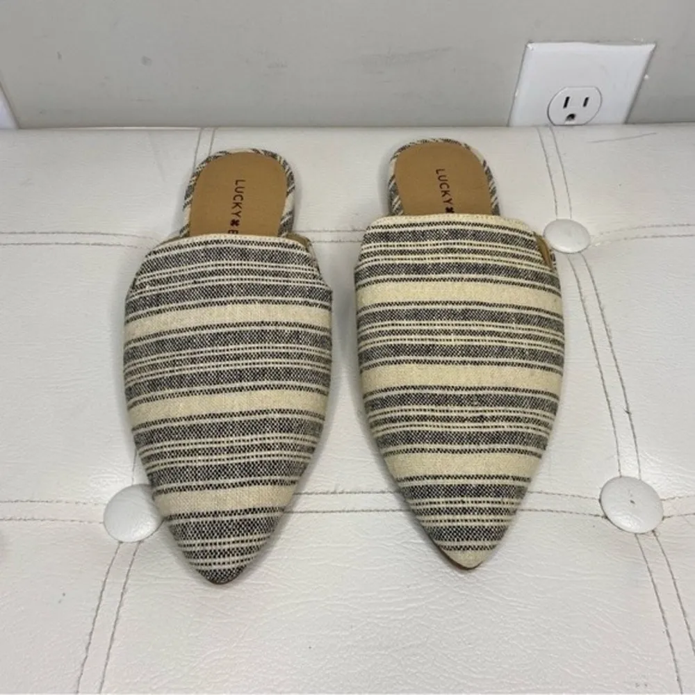 Lucky Brand Brynnuh Striped Black Natural Beige Mule Pointed Toe Flats Size 6 - Image 7