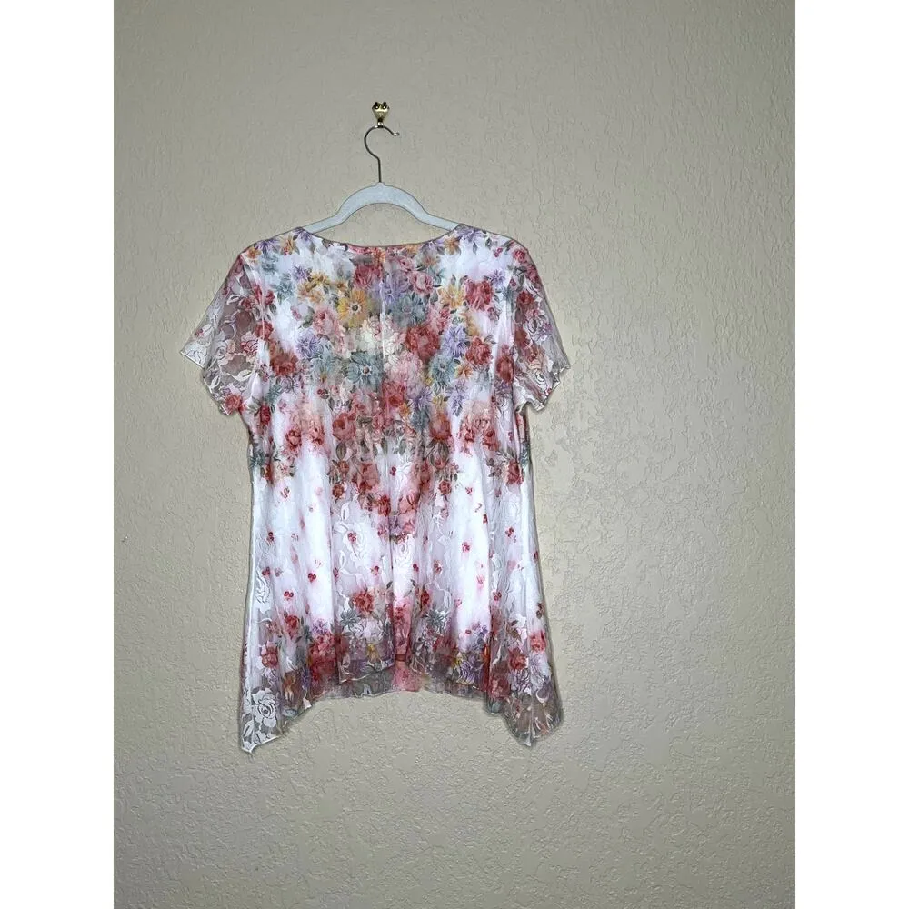 Brittany Black women's size L top white/pink lacy floral high - Image 2