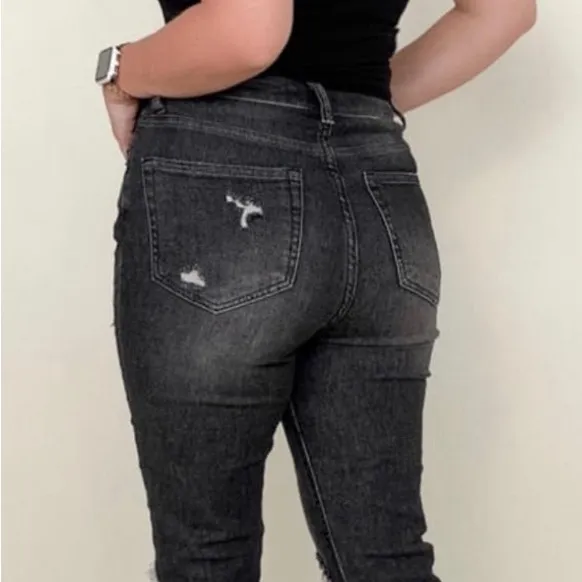 Risen Los Angeles Distressed Boyfriend Straight Cropped Jeans Raw Hem 1XL NWT Black Size undefined - Image 3