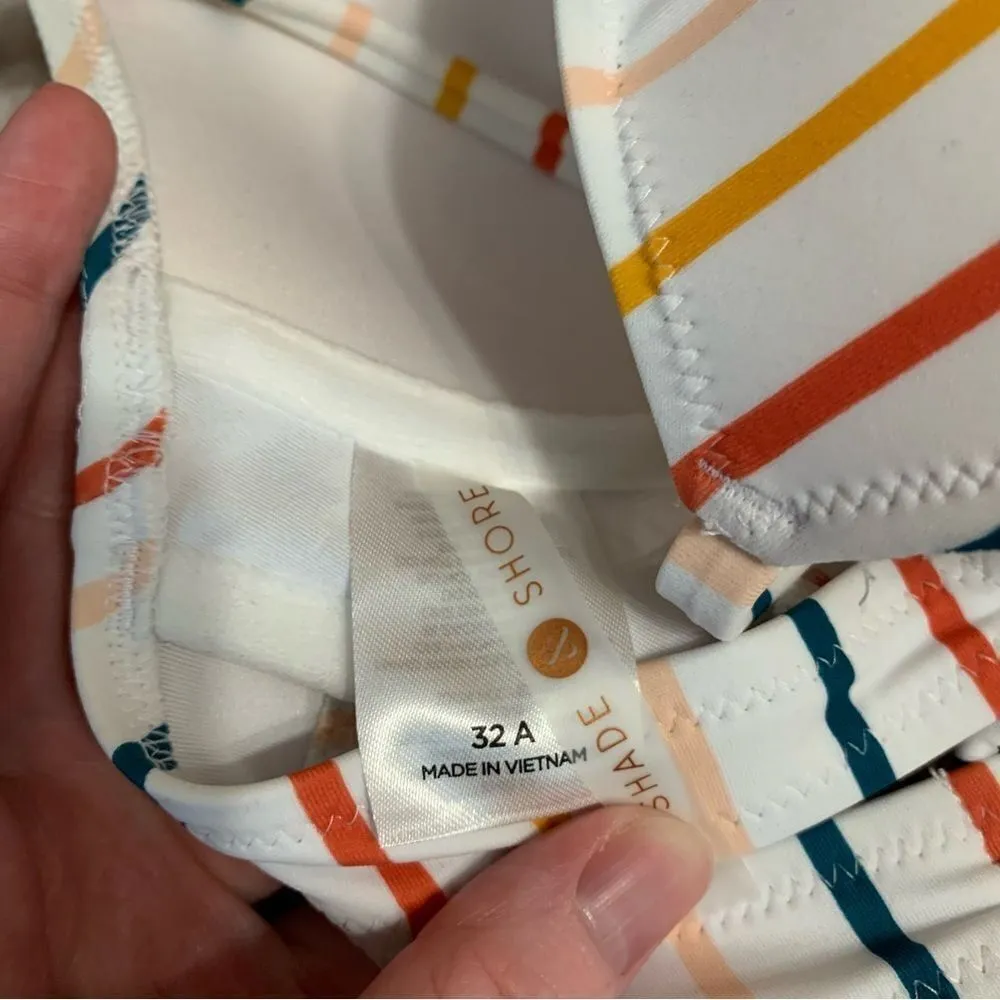 Shade & Shore Bikini Top Womens 32A White Striped Tie Back Swimsuit Beach Summer - Image 3