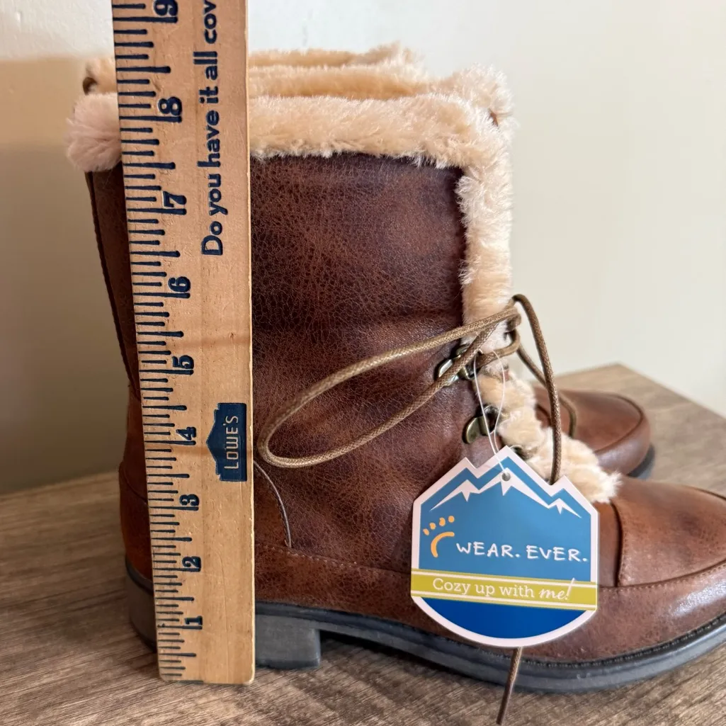 NEW Wear Ever Sampson Brown Faux Leather/Fur Boots Women’s Size 10 Lace Up - Image 2