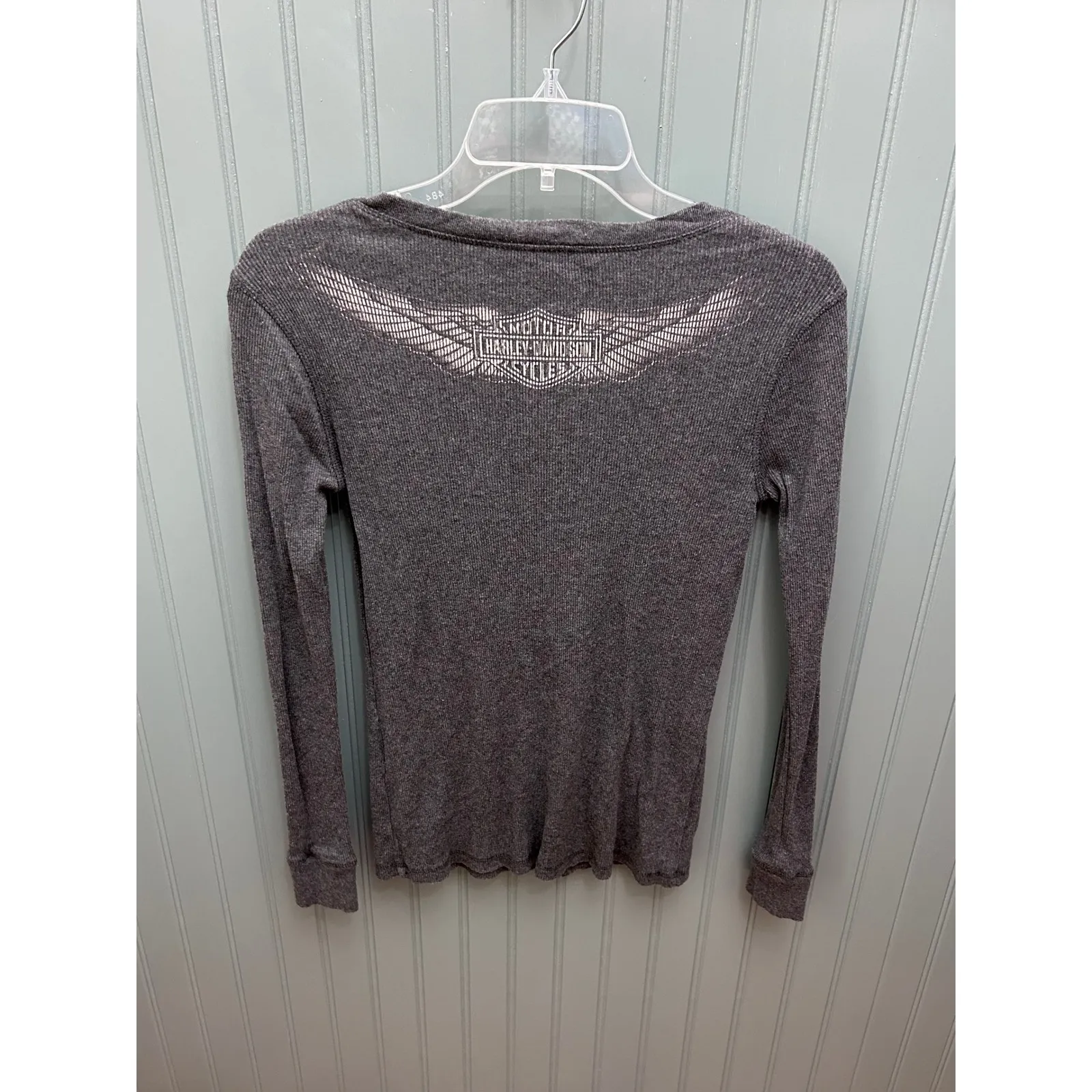 Harley Davidson Gray‎ Long Sleeve Top Ribbed Henley Motorcycle Biker Shirt L Gray Size L - Image 3