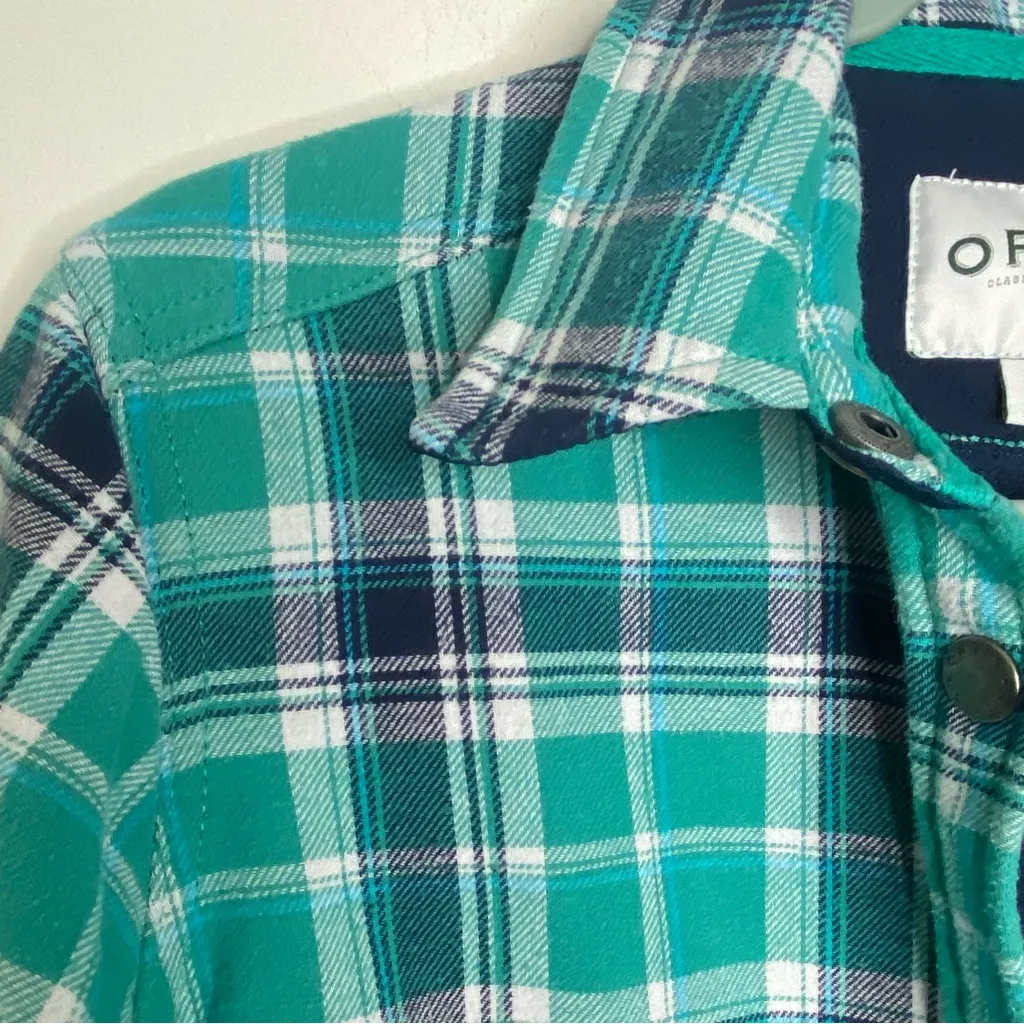 Orvis Women’s 100% Cotton, Fleece Lined Plaid Shacket Jacket Green and Navy Blue - Image 6