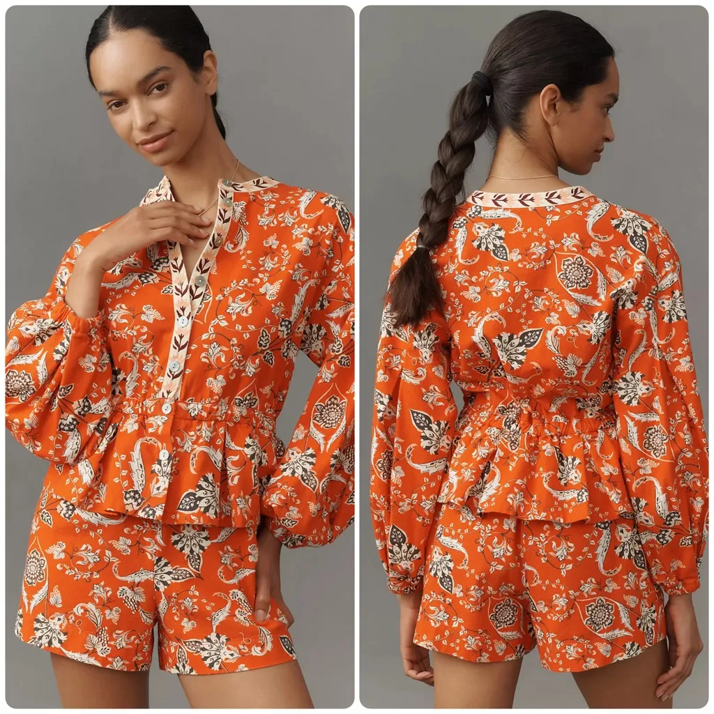 Farm Rio Anthropologie Long-Sleeve Printed Romper Red - Image 2