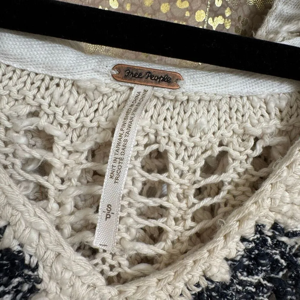 Free People Cali Love Striped Navy Blue Ivory Crochet Hoodie Knit Sweater Small - Image 3