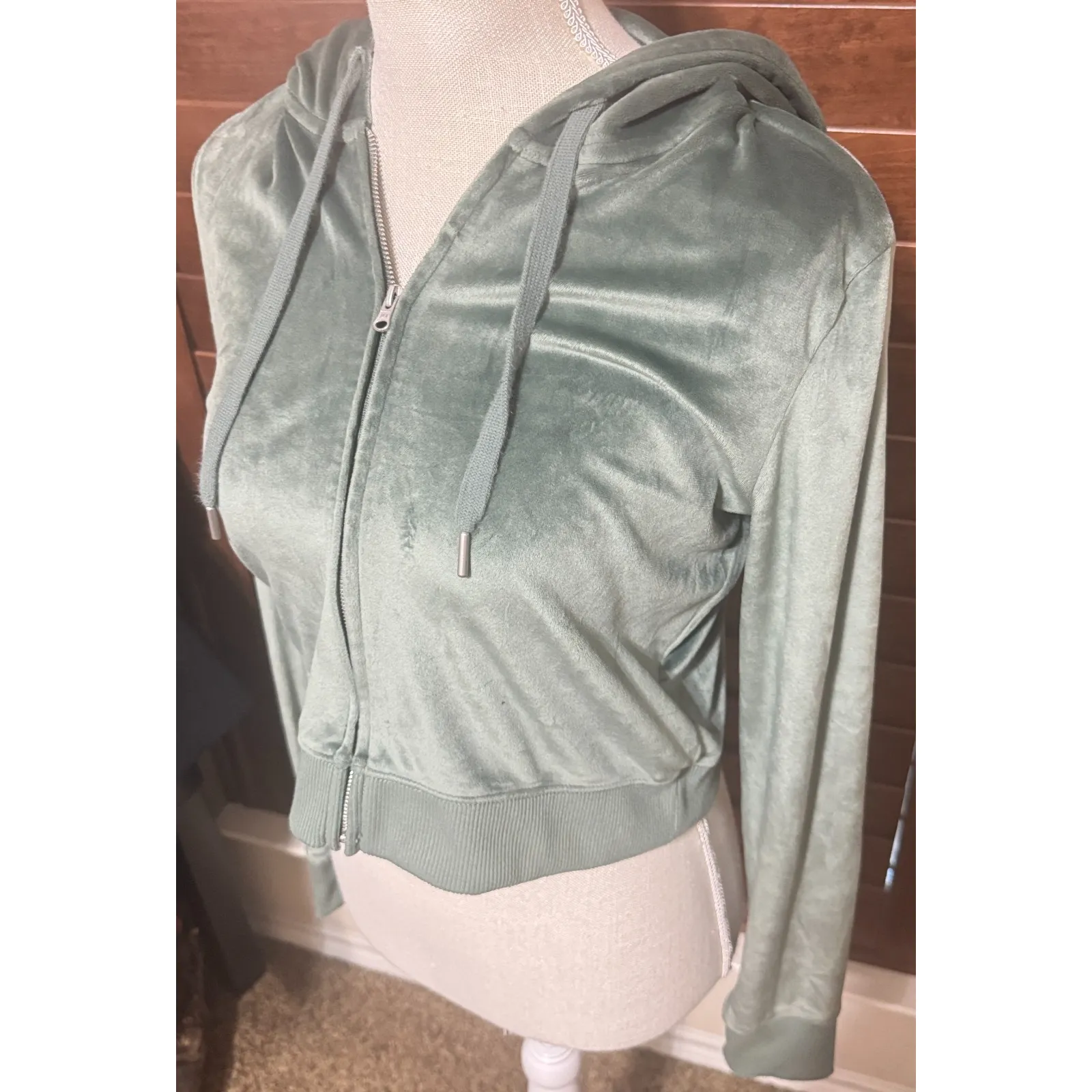 Aerie Velour Cropped Hoodie Sage Green Womens M Jacket full zip - Image 2
