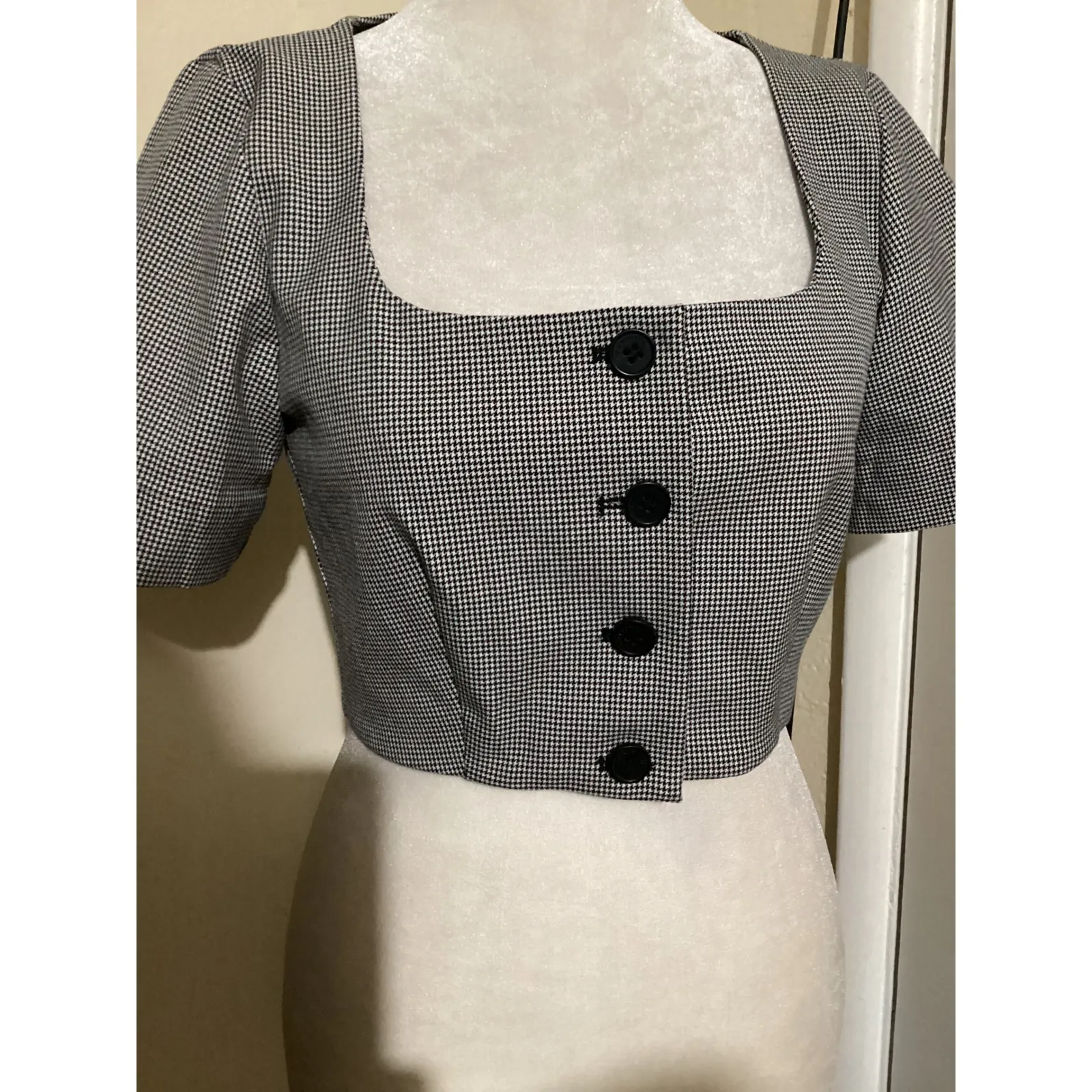 House of Harlow 1960 Gingham Square Neck Cropped Jacket Blazer Womens Size 0 Black - Image 2