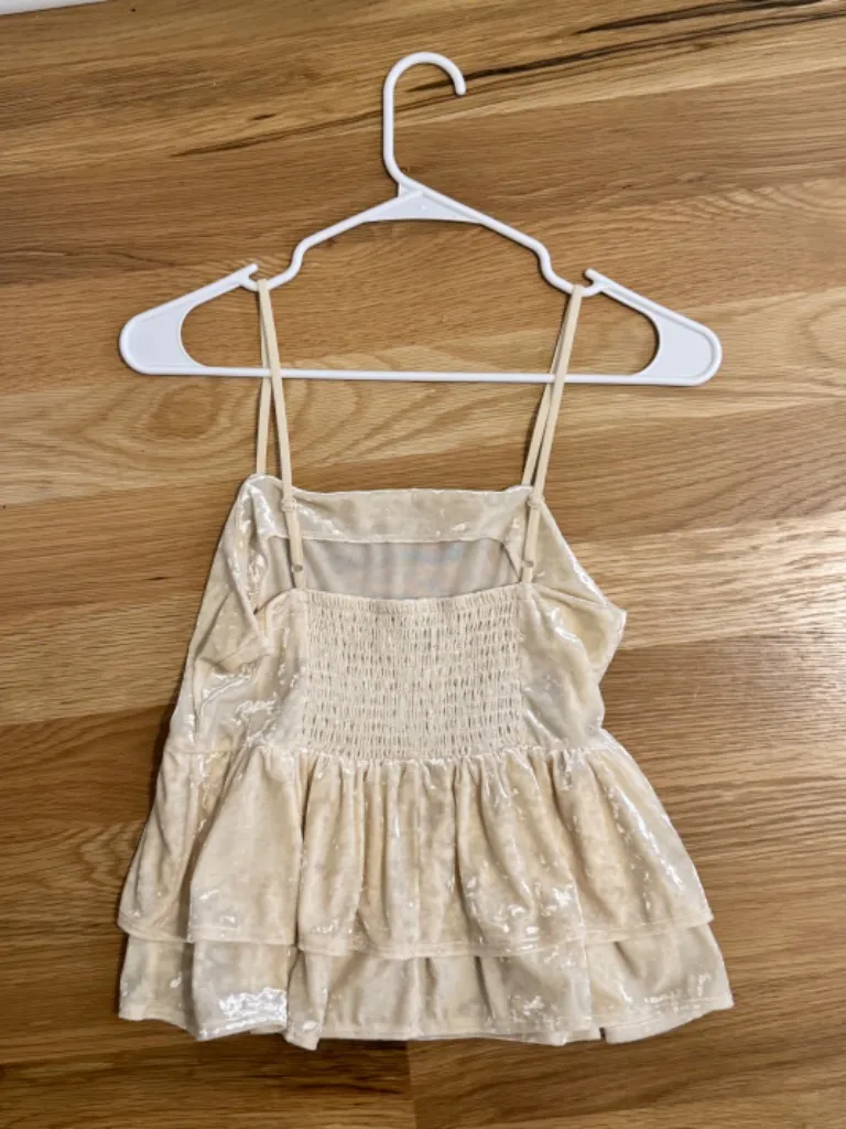 American Eagle Woman Cream Velvet Tiered Babydoll Top - Image 2