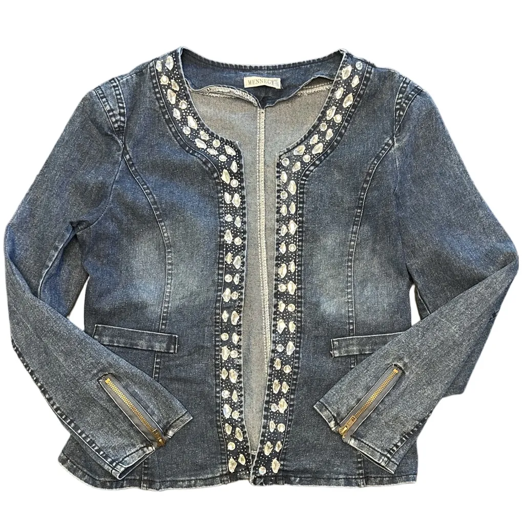 VTG 90s glam denim bling bejeweled blazer jacket zipper sleeves rockabilly M/L Blue Size undefined - Image 5