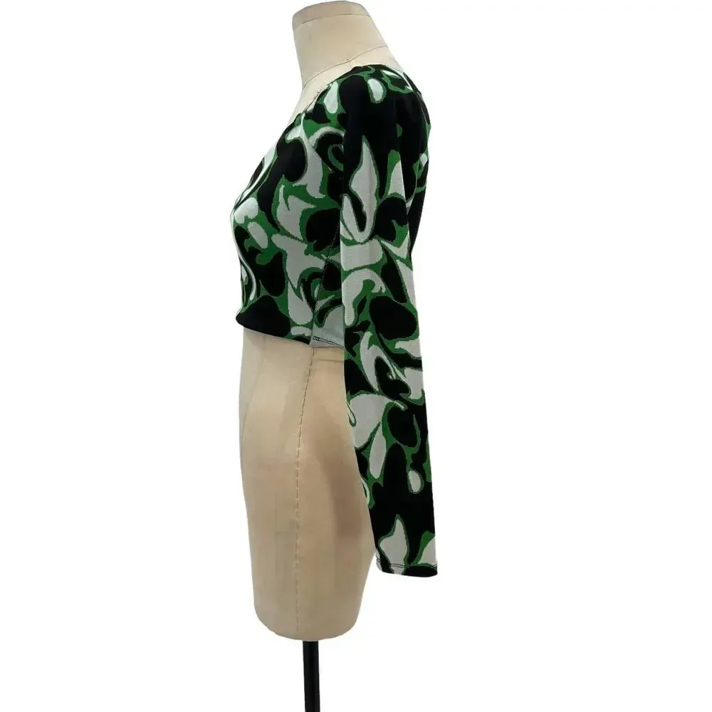 Zara Jacquard Asymmetric‎ One Shoulder Crop Top Ring Detail Black Green Small - Image 6