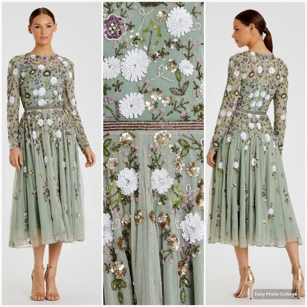 MAC DUGGAL 5716 Green Sequined Floral Long Sleeve High Neck Midi Dress - Image 3