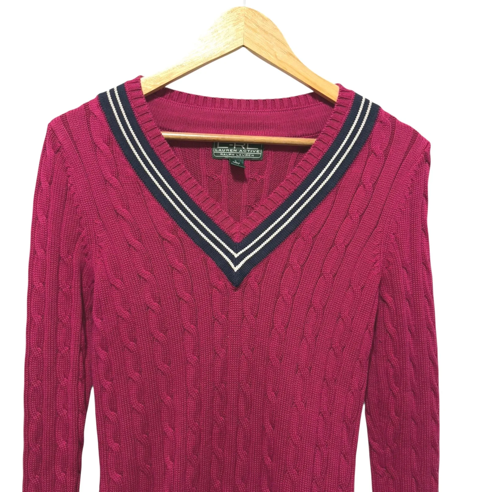 Lauren Ralph Lauren Women Sweater L Pink Cable‎ Knit V Neck Preppy Academia Y2K - Image 3
