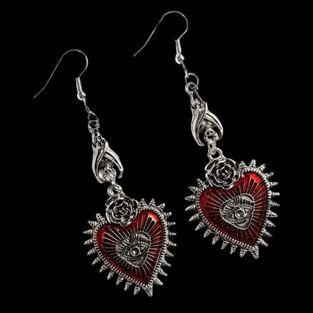 1 Pair Gothic Vintage Style Evil Eye Red Heart Shaped‎ Dangle Earrings Silver - Image 6
