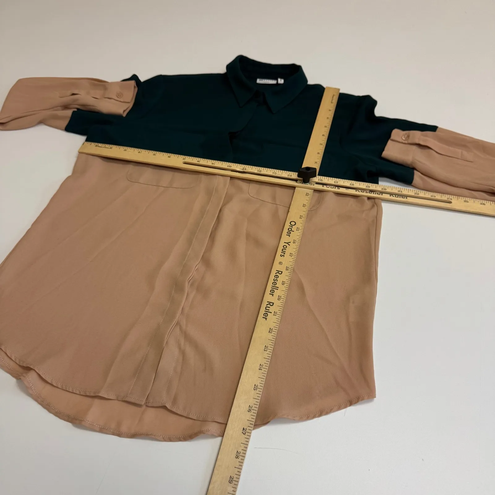 ASOS Shirt Womens Size 6 Tan Green Colorblock Long Sleeve Button Down - Image 7