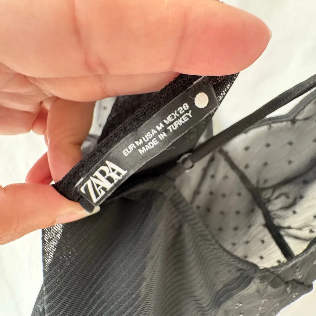 Women's Zara Black Sheer Polka Dot Scalloped Cami Slip M - Image 4