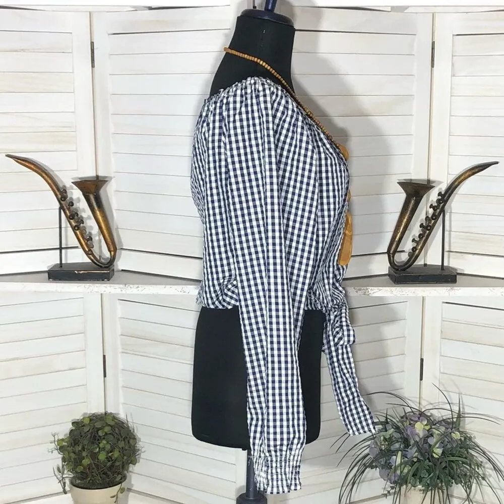 NWOT Santuary Claire Two-Way Top Tie-Front Gingham Print White Navy Blue sz M - Image 4