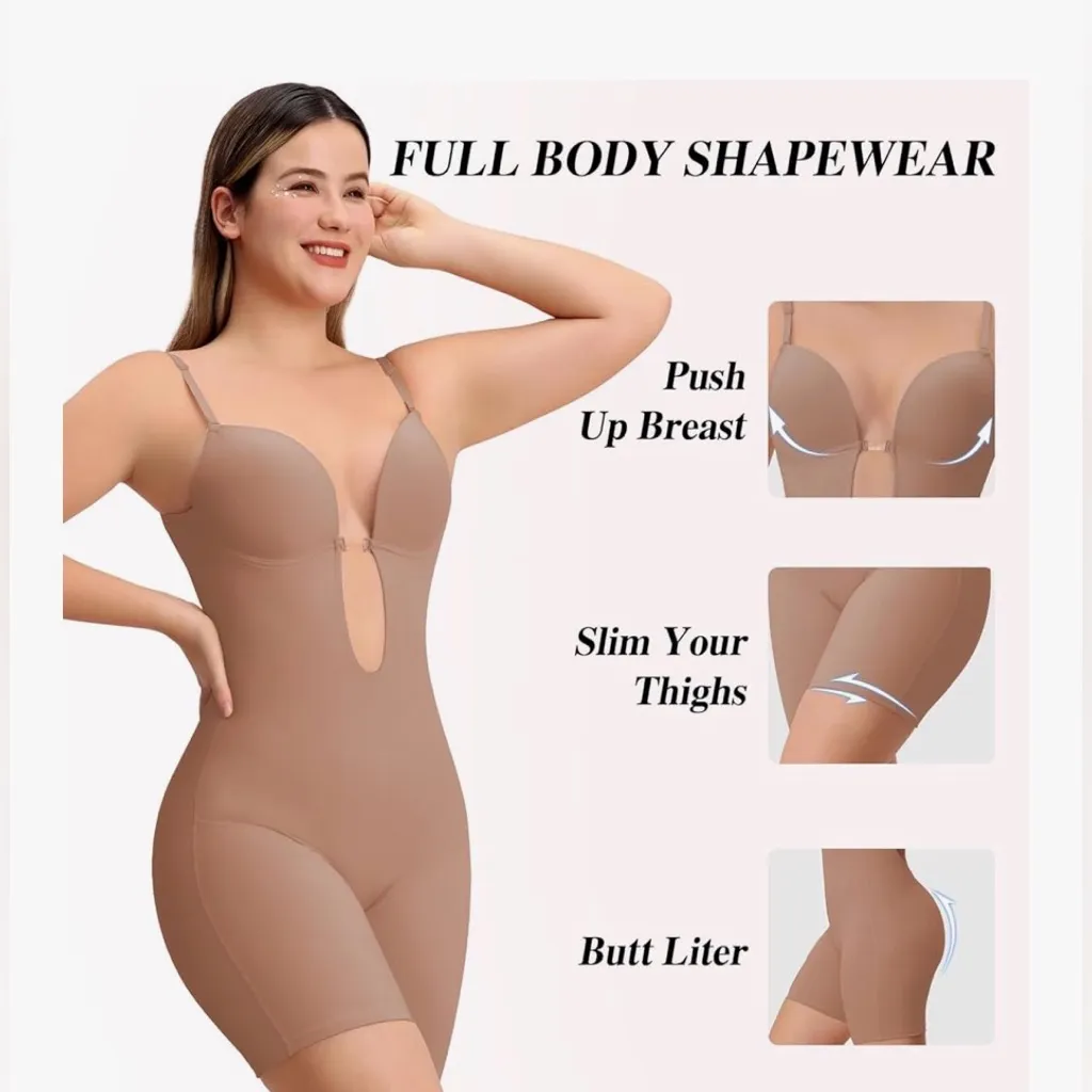 NEW Slimers Backless Shapewear Bodysuit Low Back Body Shaper Slimming Plunge L Tan Size L - Image 2