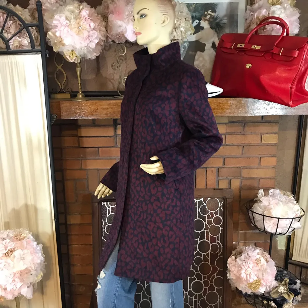 LOFT NAVY BLUE AND MAROON LEOPARD PRINT WOOL BLEND COAT (M) - Image 6