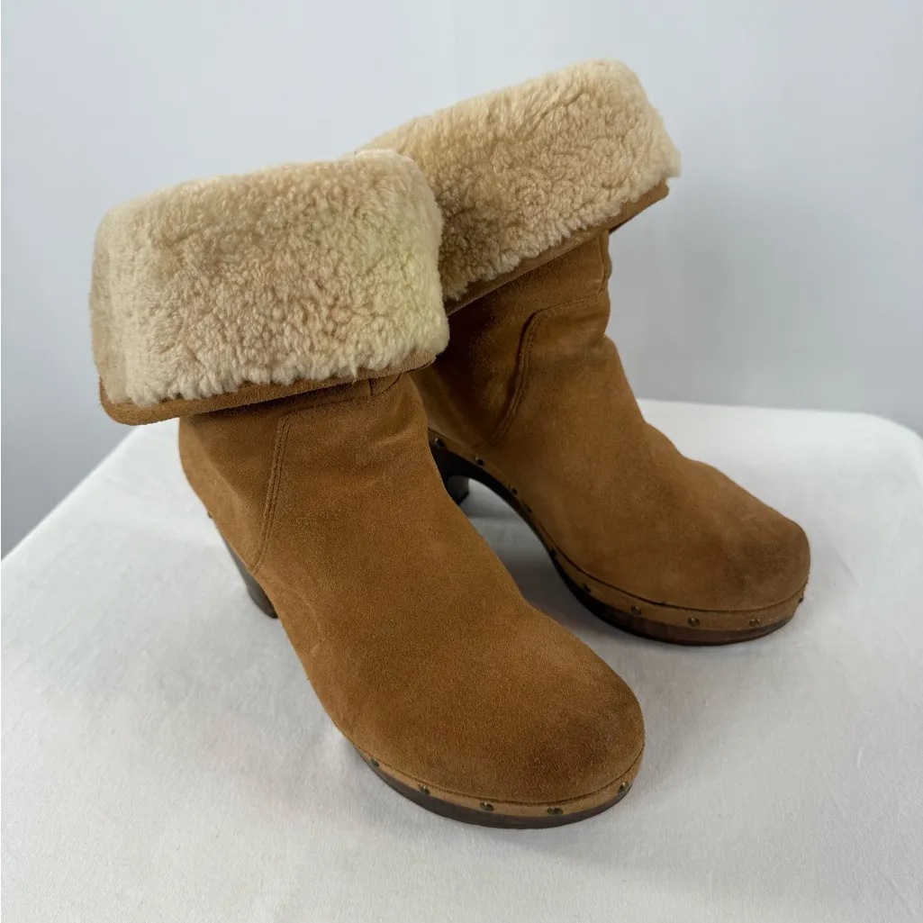 UGG Lynnea Fold‎ Over Suede Shearling Clog Boot in Brown Size 7 - Image 2