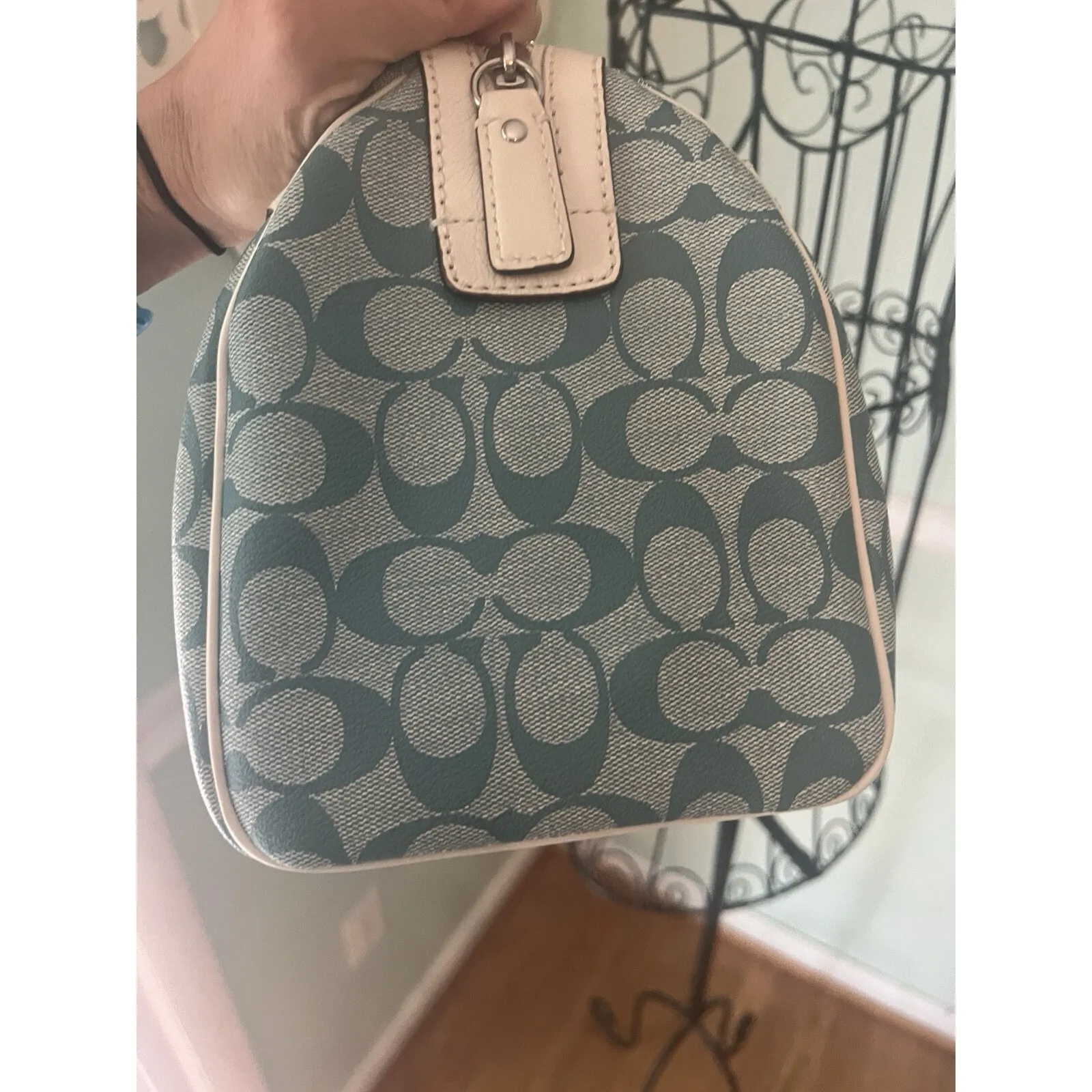 Coach Signature C Monogram Canvas Leather Trim Boston Bag Teal Cream Blue - Image 7