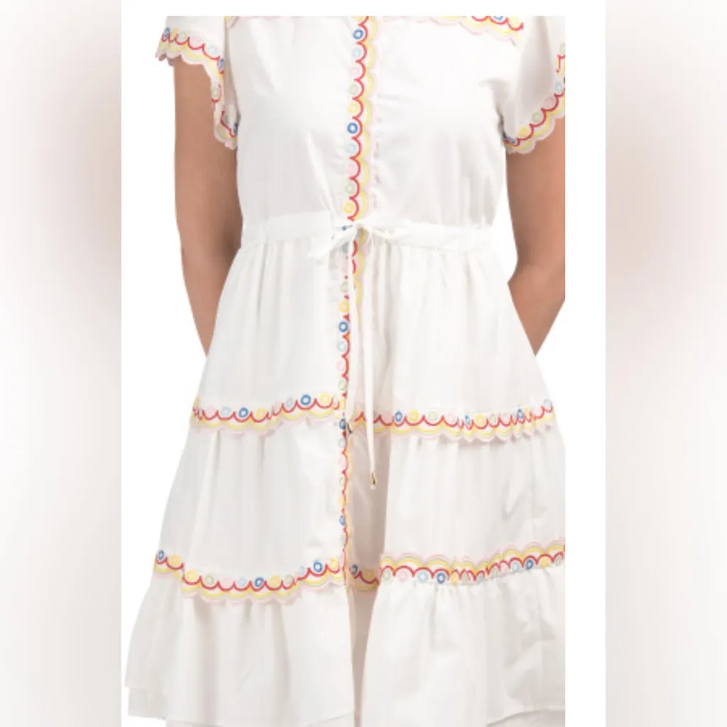 DALIA MACPHEE BNWT Scalloped Embroidered Shirt Dress Tie Waist Size M Lined White Size M - Image 3