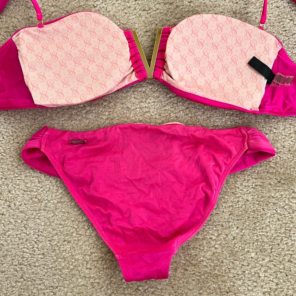 Victoria's Secret Hot Pink Satin V Hardware Bandeau Bikini Swimsuit Set Small - Image 4